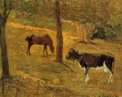 保罗 高更 : Horse and Cow in a Field